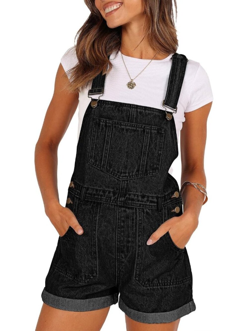 Women's B - Black Denim Shortalls Adjustable Straps Jean Overalls Casual Romper